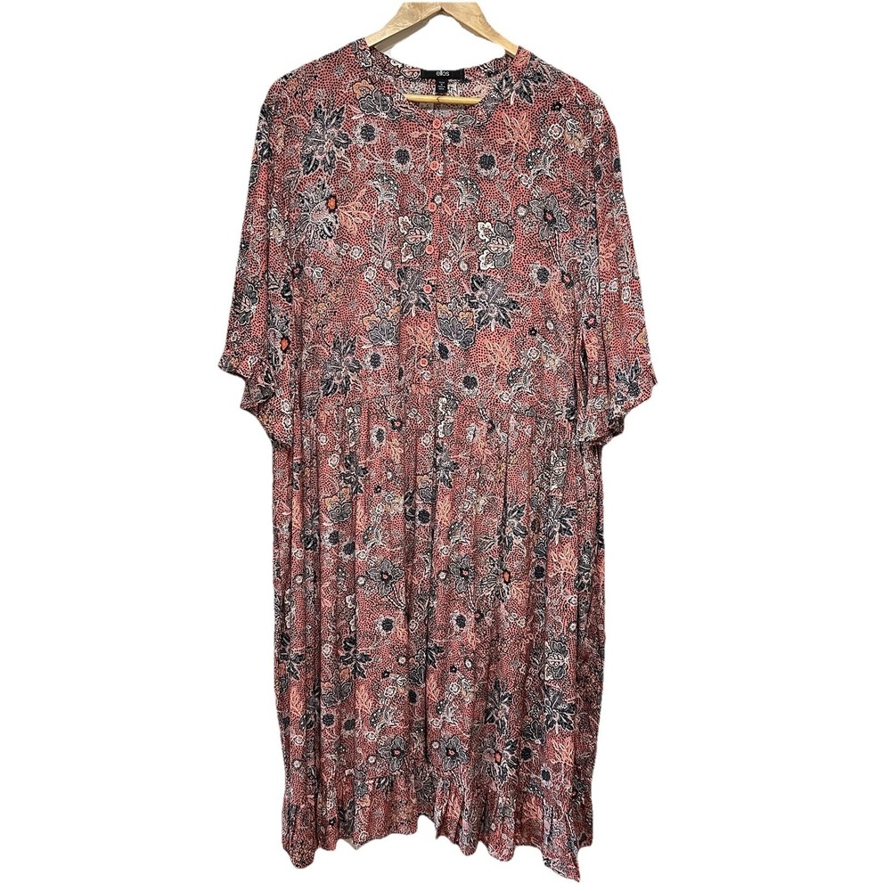 Ellos Floral Button Front Maxi Dress Womens 1X Neutral Relaxed Fit Lightweight